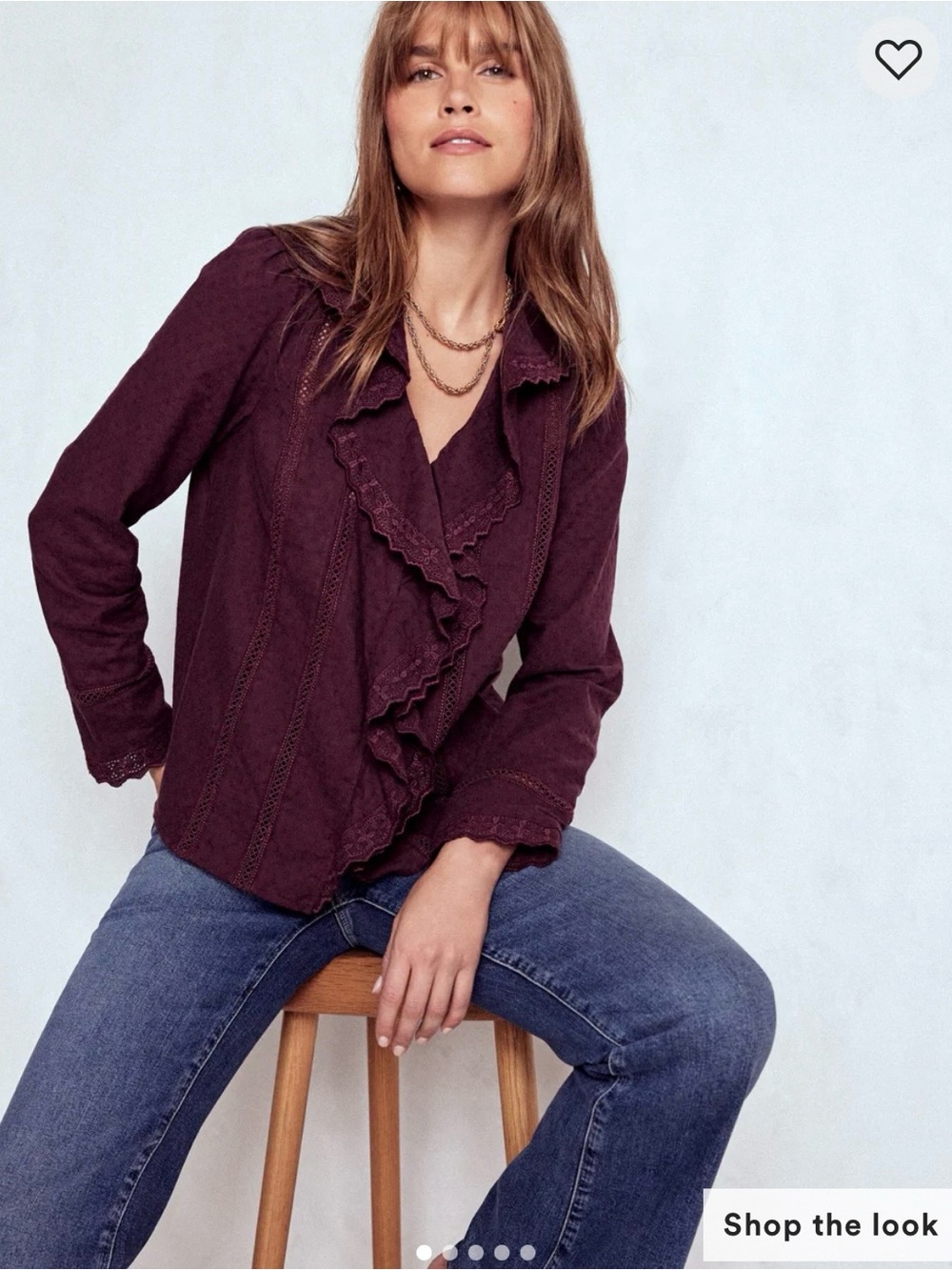 Boden Embroided Ruffled V-Neck Long-Sleeve Top in Deep Plum